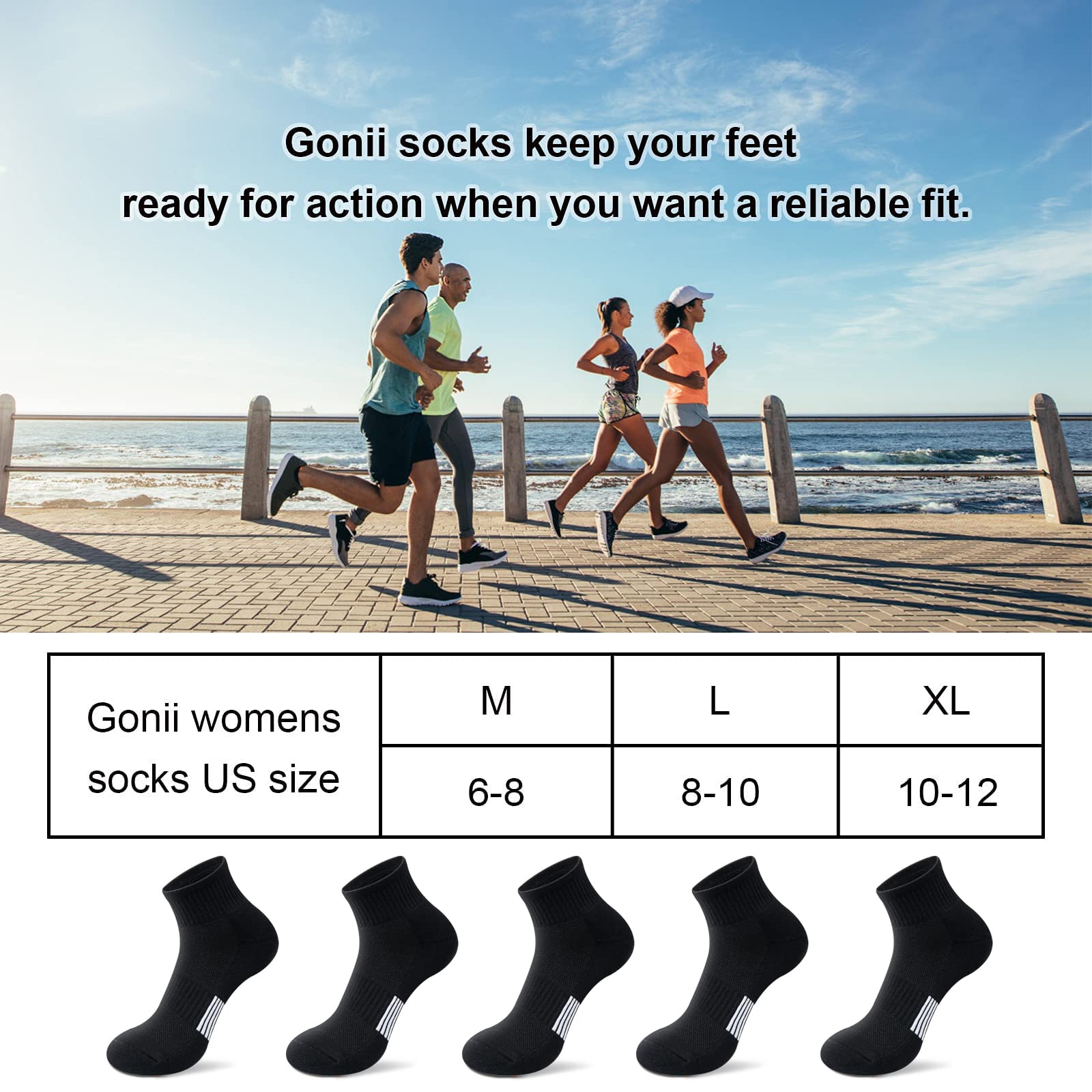 Gonii Ankle Socks Womens Athletic Thick Cushioned Running Hiking Crew Socks 5-Pairs (Black)