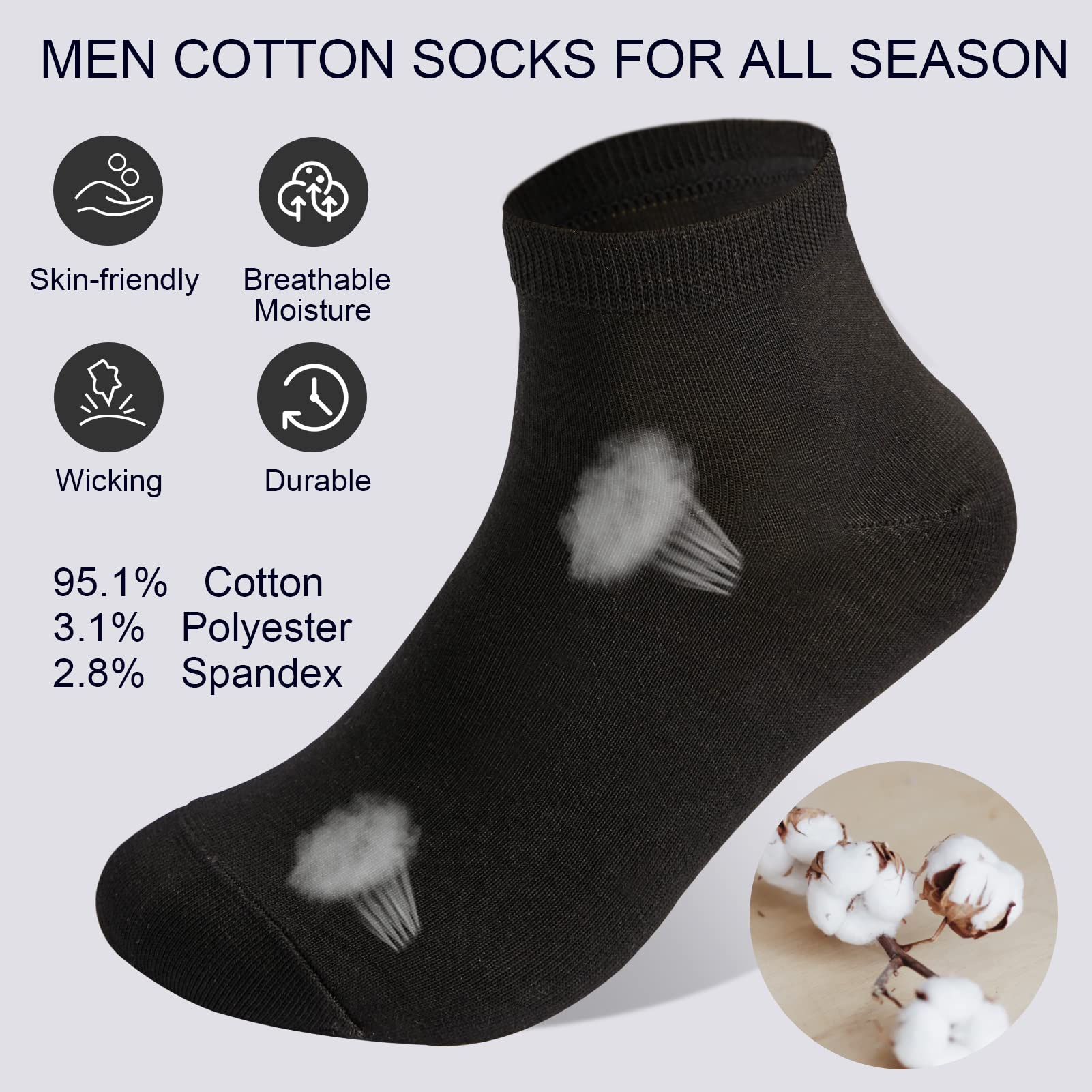 J-BOX 8 Packs Cotton Socks for Men Black Low Cut Breathable Multipairs Running for Men Ankle Socks