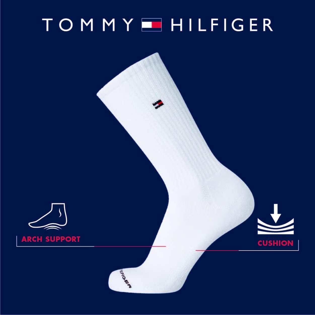 Tommy Hilfiger Men's Athletic Socks - Cushion Crew Socks (6 Pack), Size 7-12, Pure Black