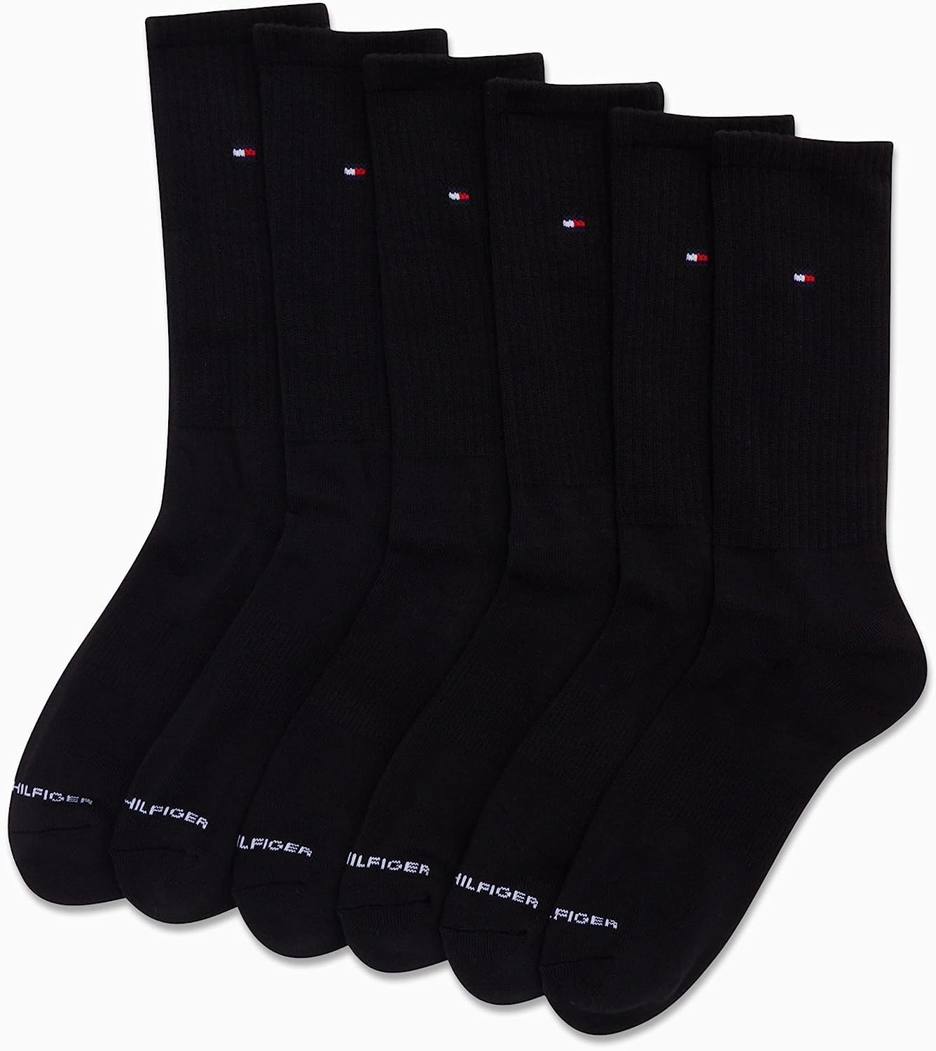 Tommy Hilfiger Men's Athletic Socks - Cushion Crew Socks (6 Pack), Size 7-12, Pure Black