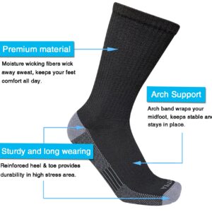 APTYID Men's Moisture Wicking Cushioned Crew Work Boot Socks, Size 9-12, Black, 6 Pairs