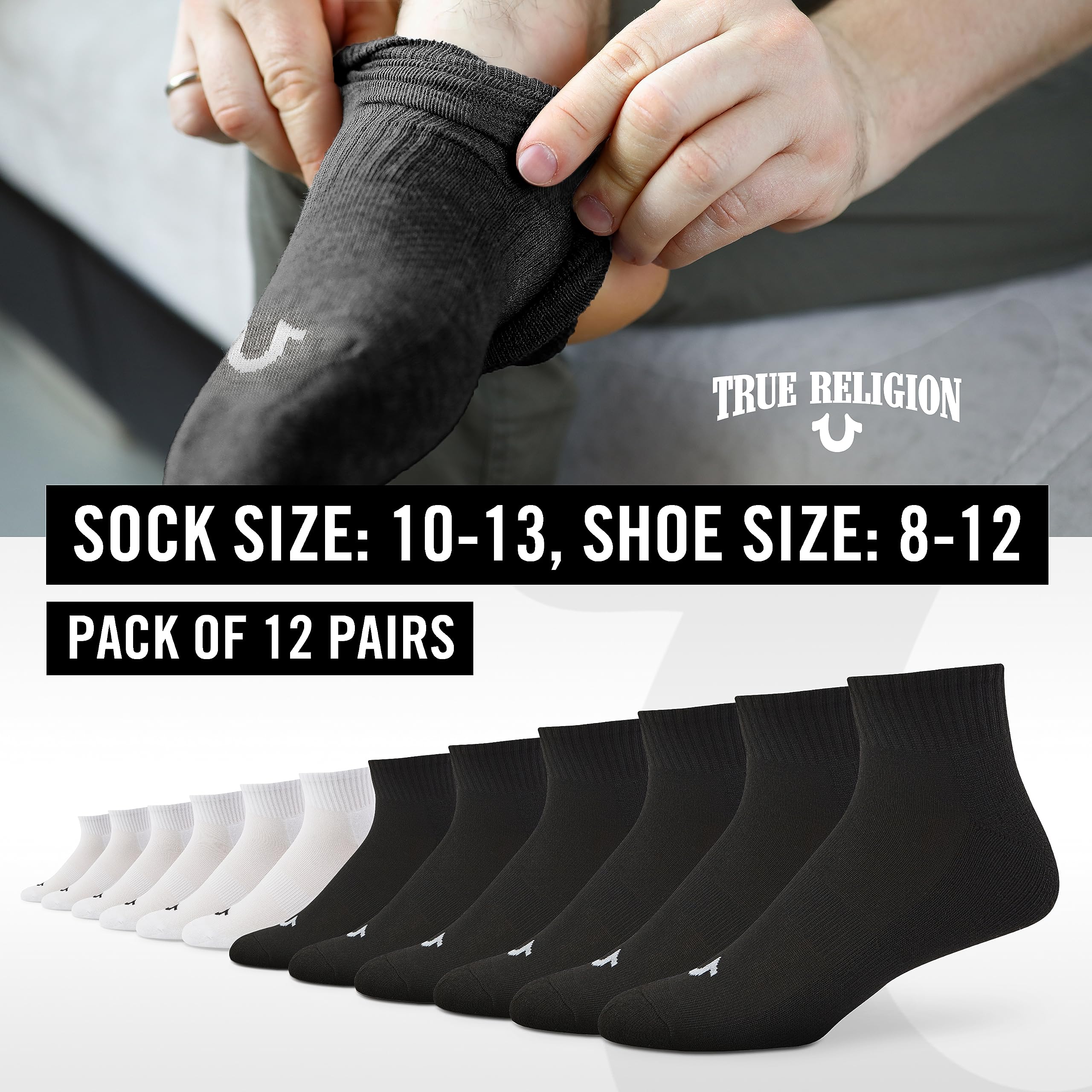 True Religion Mens Socks Ankle Socks for Men Quarter Premium Athletic Men's Socks 12 Pairs Black/White, Shoe Size 8-12,