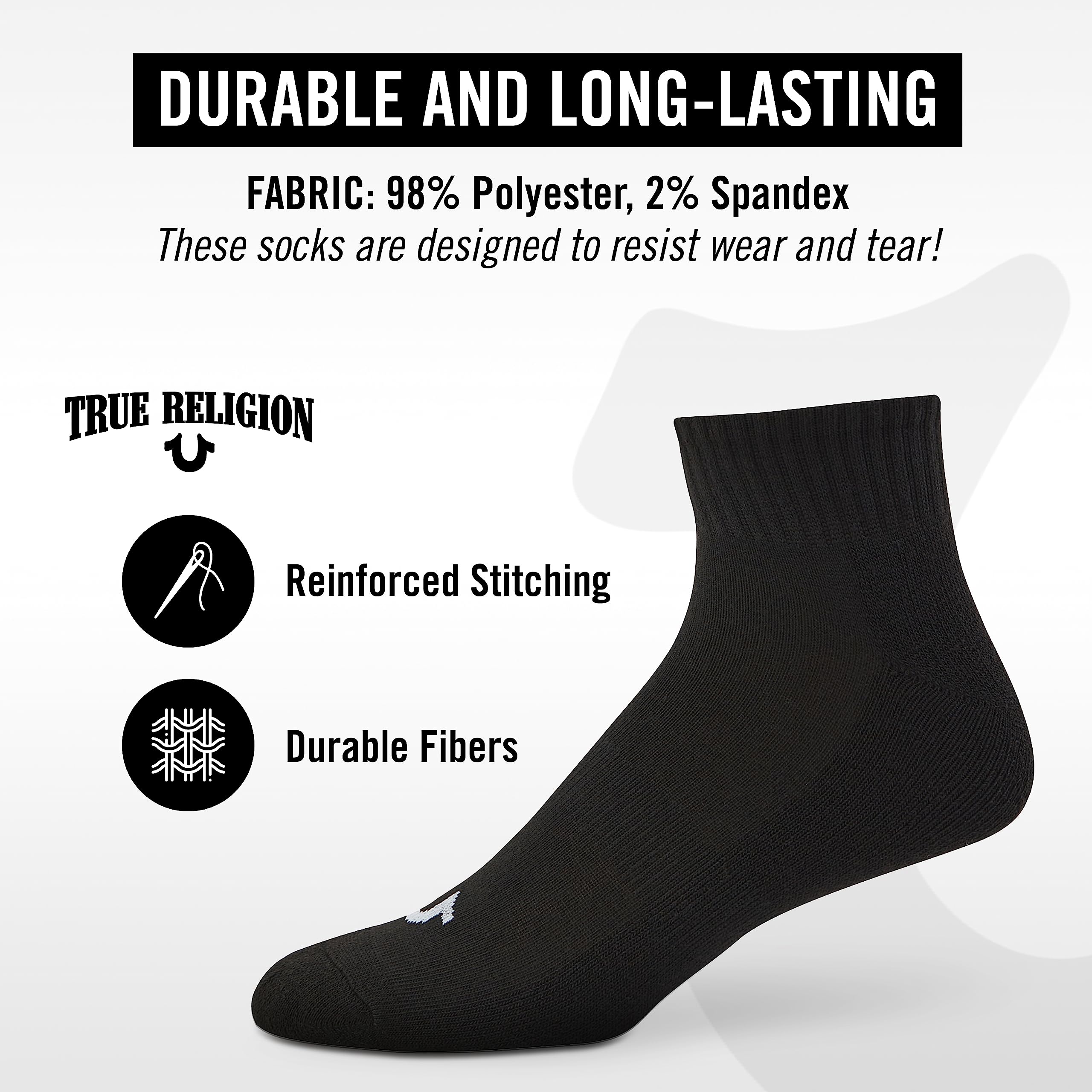 True Religion Mens Socks Ankle Socks for Men Quarter Premium Athletic Men's Socks 12 Pairs Black/White, Shoe Size 8-12,