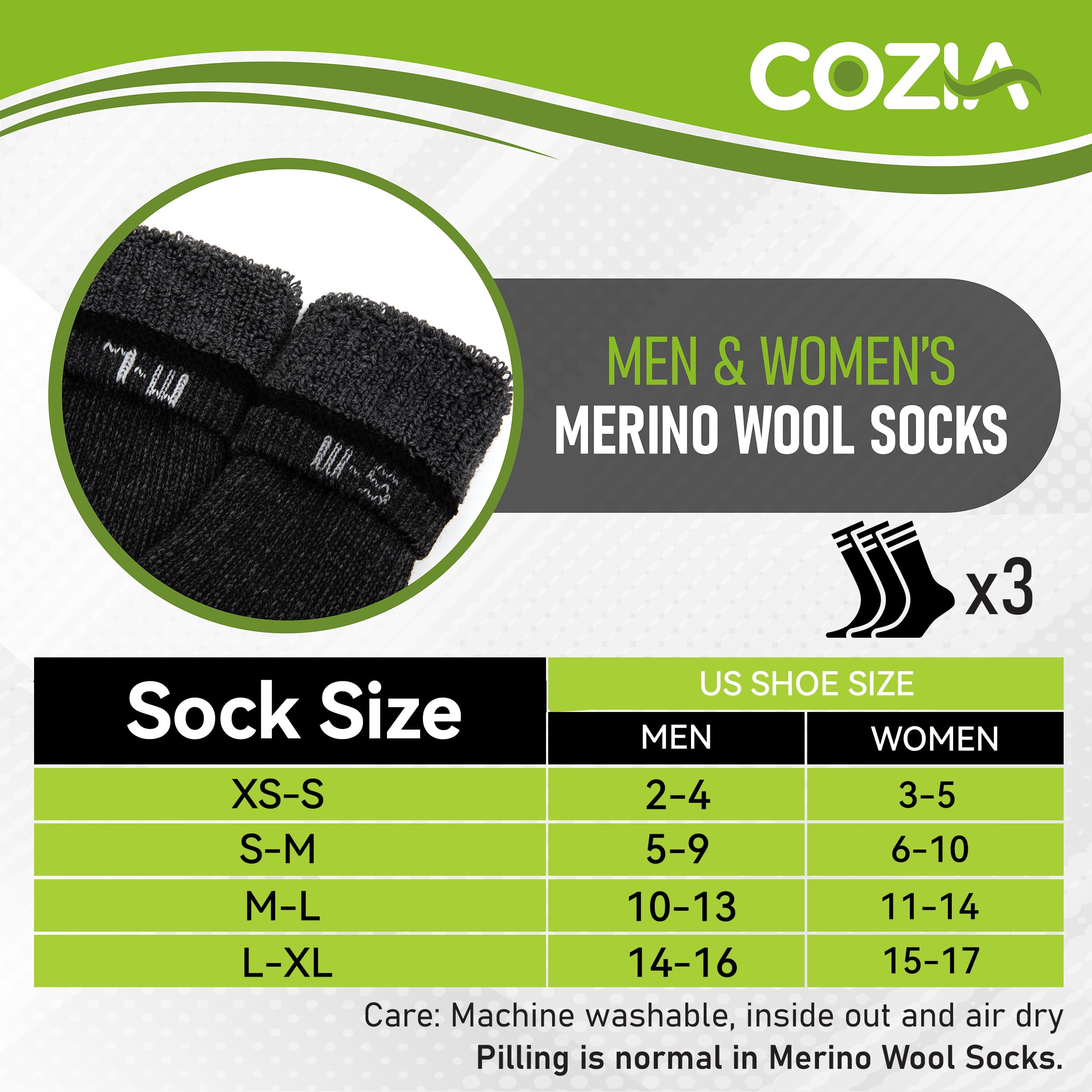 Merino Wool Socks Casual Warm Socks for Winter Cozy Boot Socks for Men & Women Black ML