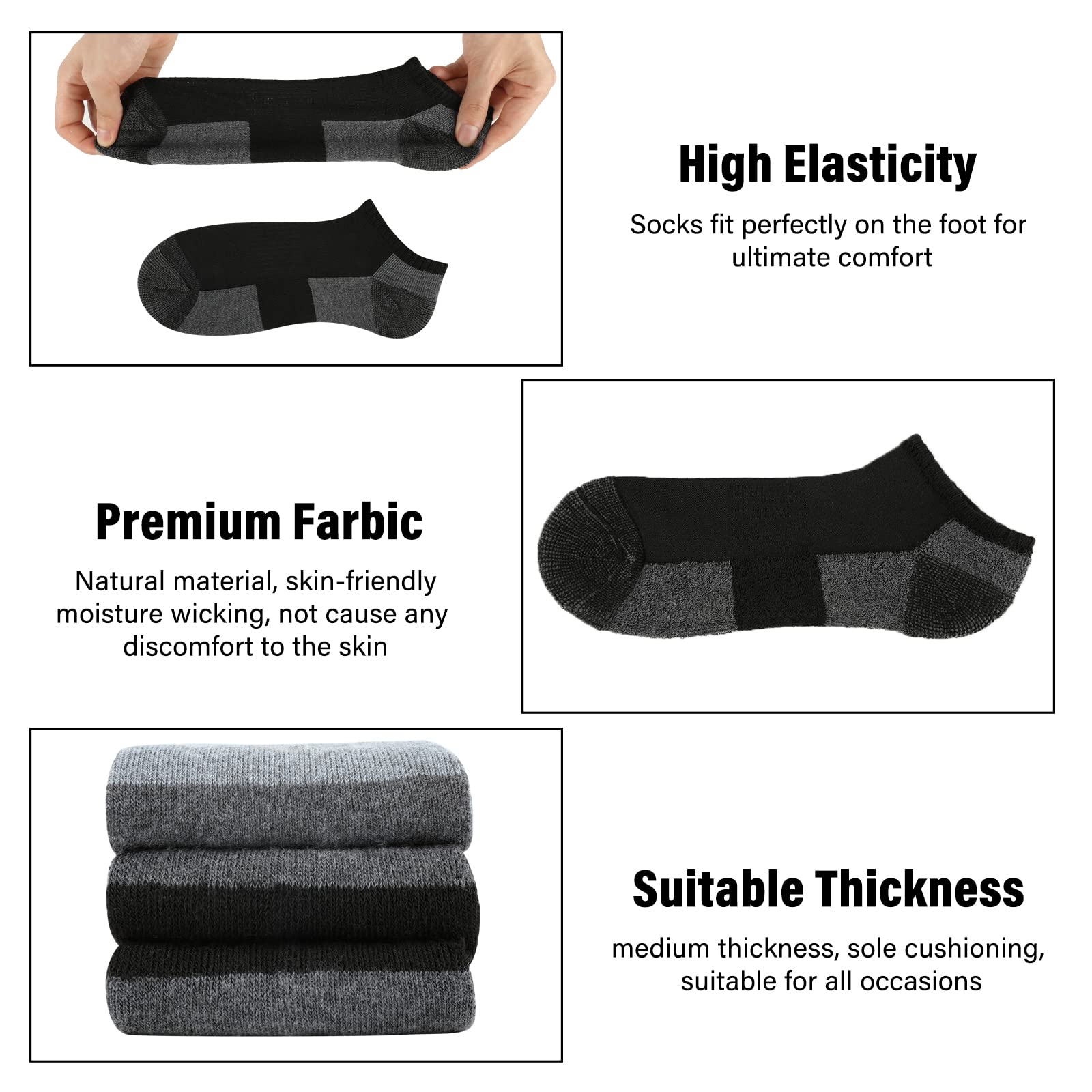 COOPLUS 12 Pack Mens Cushioned Ankle Socks, Low Cut Breathable Casual Socks (Shoe Size 6-11)