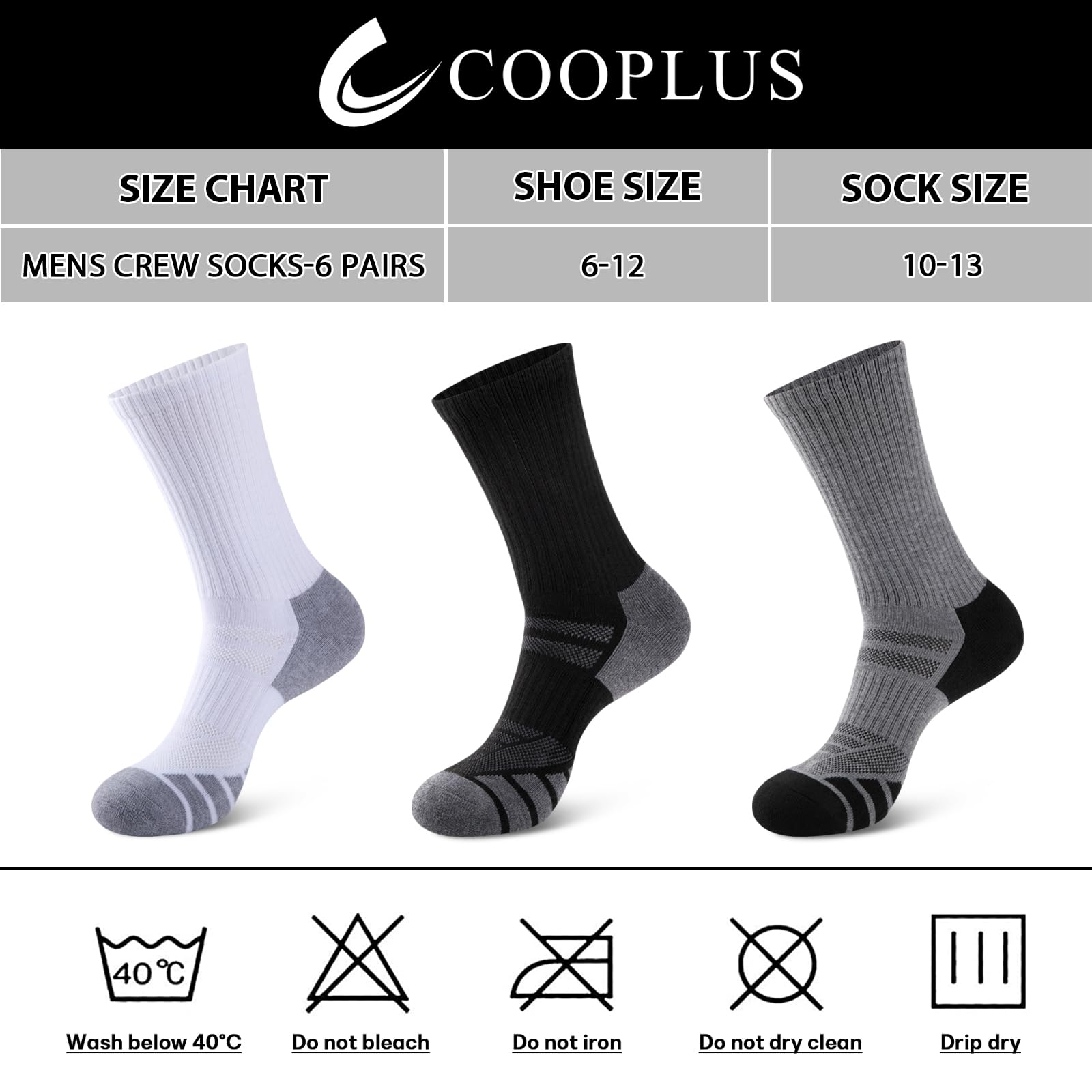 COOPLUS Mens Performance Crew Socks, Heavy Cushion Athletic Durable Work Socks for Men (5 Pairs)