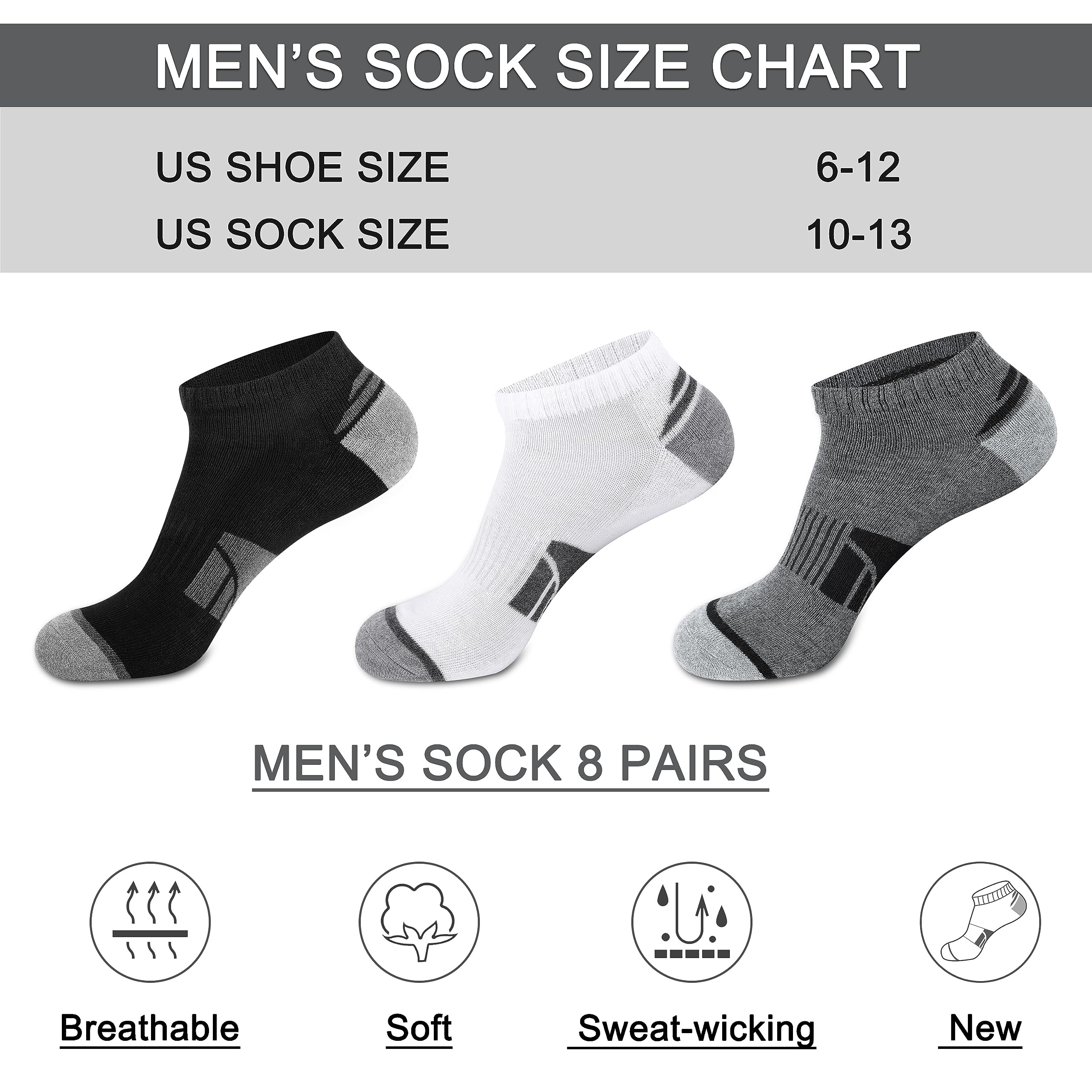 eallco 8 Pairs Mens Ankle Socks Low Cut Socks for Men Sock Size 10-13