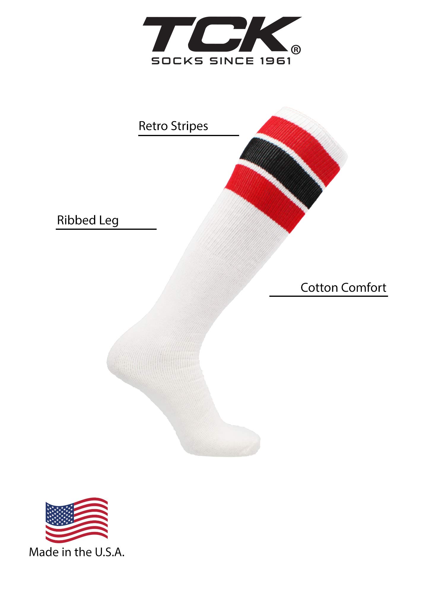 TCK Retro 3 Stripe Tube Socks (Red/Black, Large)