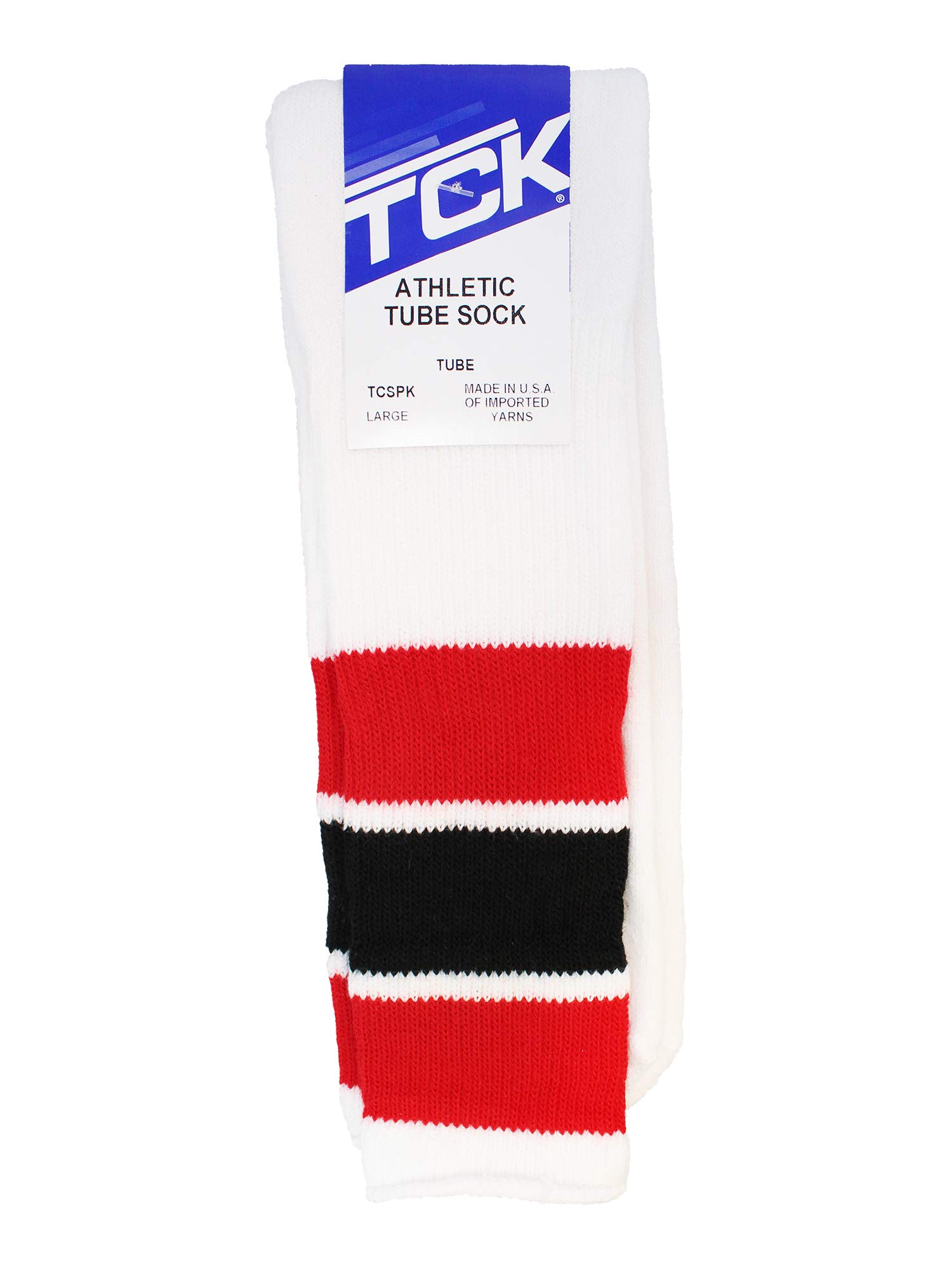 TCK Retro 3 Stripe Tube Socks (Red/Black, Large)