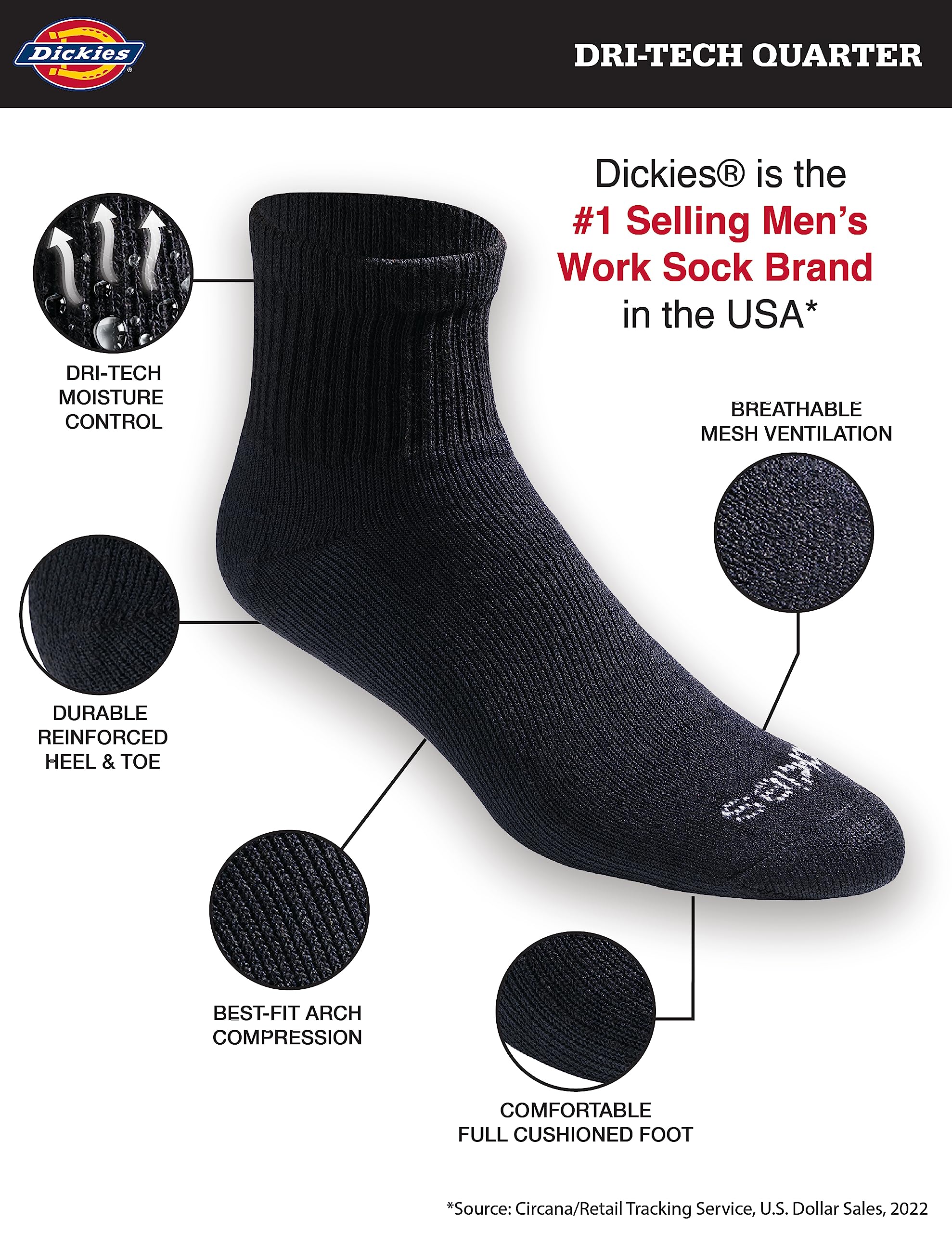 Dickies Men's Dri-Tech Moisture Control Quarter Socks (6, 18, Solid Black (12 Pairs), Large