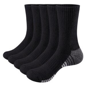 YUEDGE Mens Athletic Crew Socks Cotton Cushioned Moisture Wicking Sport Training Socks for Men 9-11 Black 5 Pairs