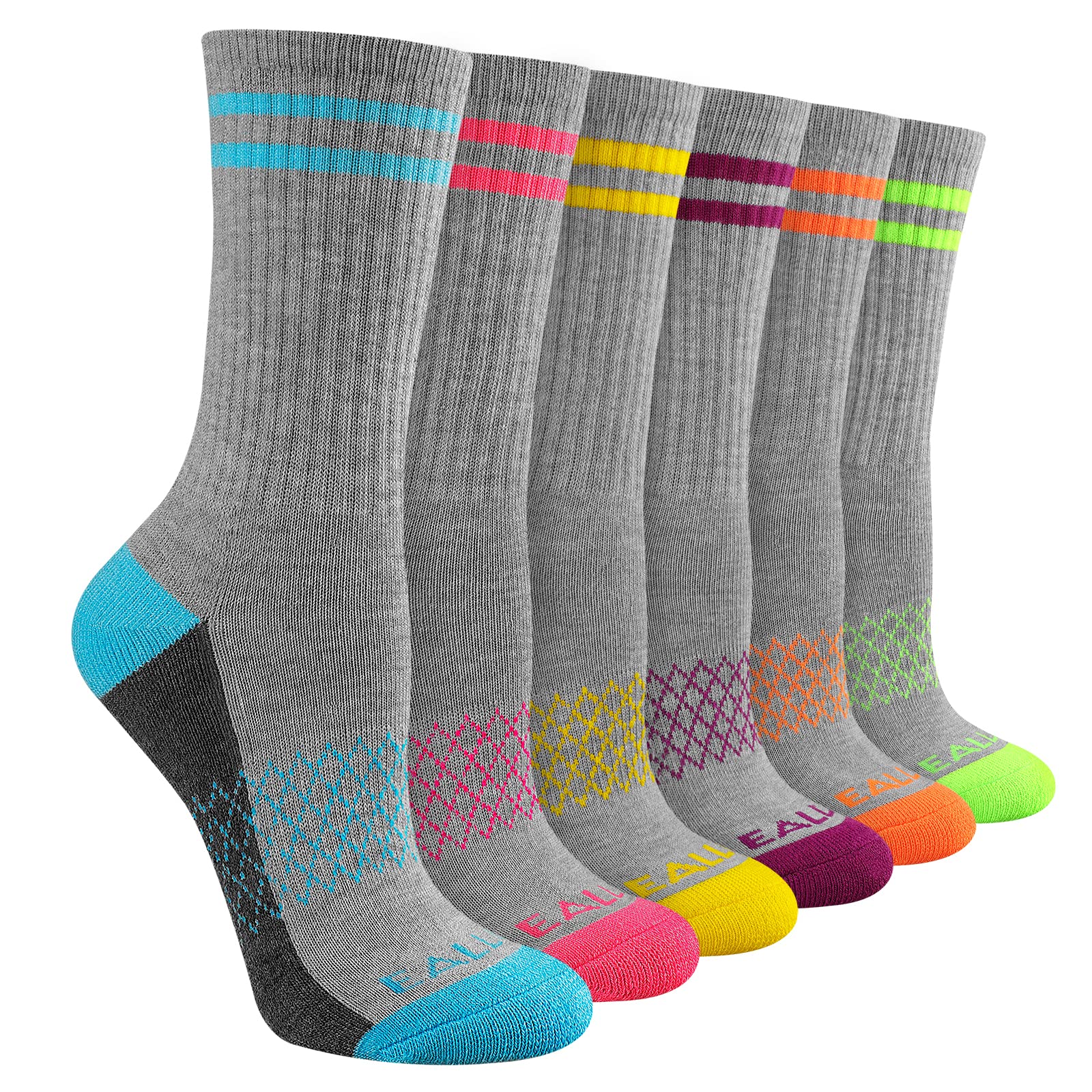 eallco Womens Crew Socks Athletic Calf Work Socks Running Long Cushioned Sole Socks 6 Pairs