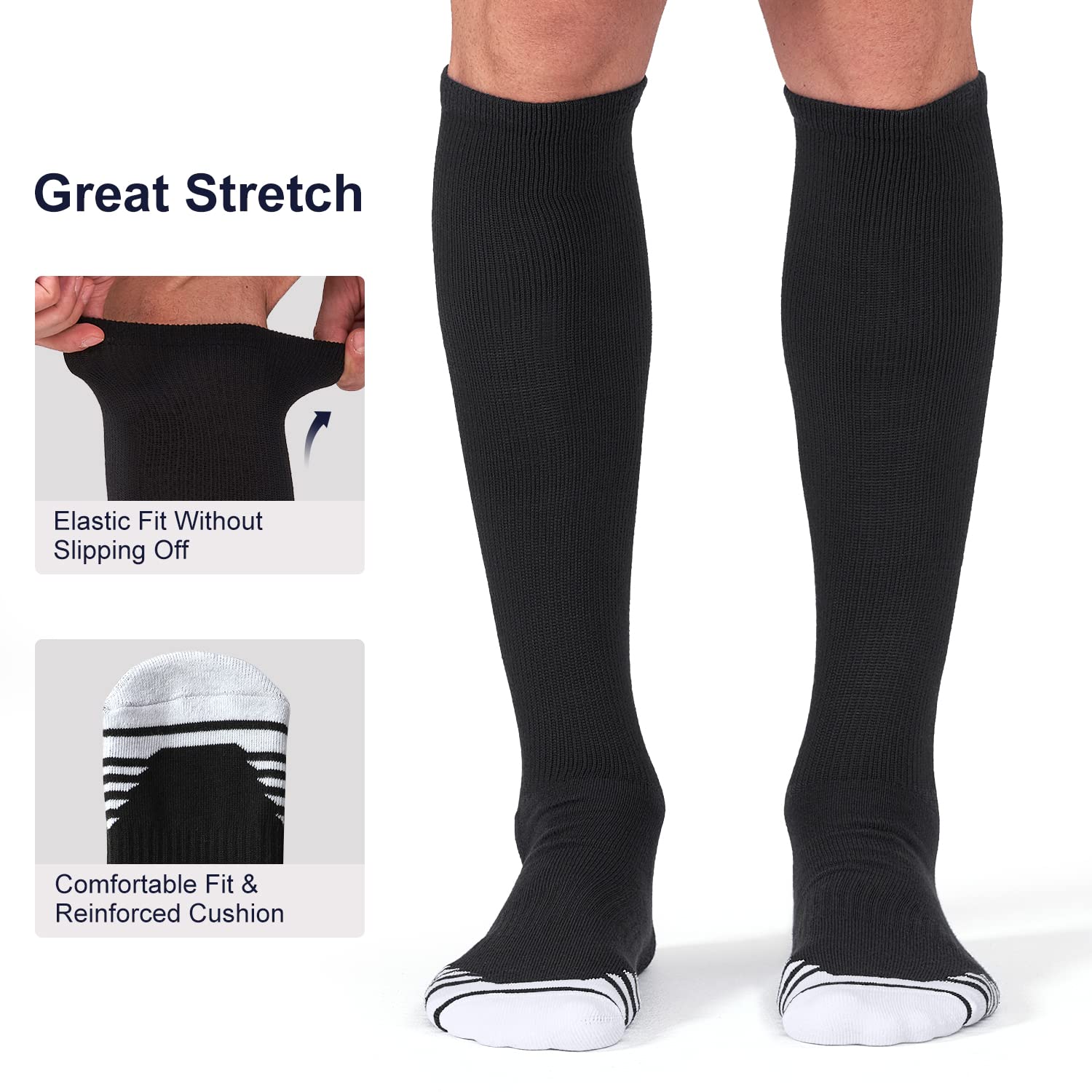 FITRELL 2 Pack Baseball Socks Soccer Softball Socks for Kids Youth Men & Women Over-the-Calf Knee High Socks, Black, Small