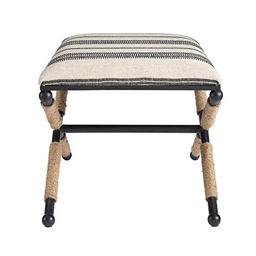 Linon Farrow Black Metal and Natural and Black Stripe Upholstered Campaign Ottoman