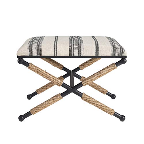 Linon Farrow Black Metal and Natural and Black Stripe Upholstered Campaign Ottoman