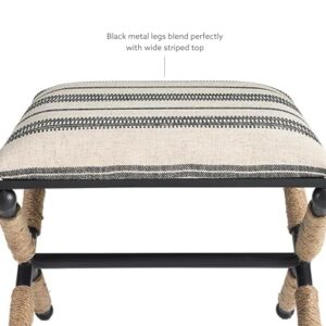 Linon Farrow Black Metal and Natural and Black Stripe Upholstered Campaign Ottoman