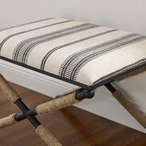 Linon Farrow Black Metal and Natural and Black Stripe Upholstered Campaign Ottoman