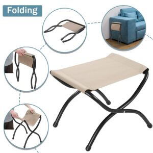 WELL-STRONG 15" Folding Foot stool, Small Accent Foot Rest, Faux Fur Elegant Foldable Ottoman with Metal Frame, Upholstered Morden Folding Footstool for Home Living Room Bedroom Washable Beige