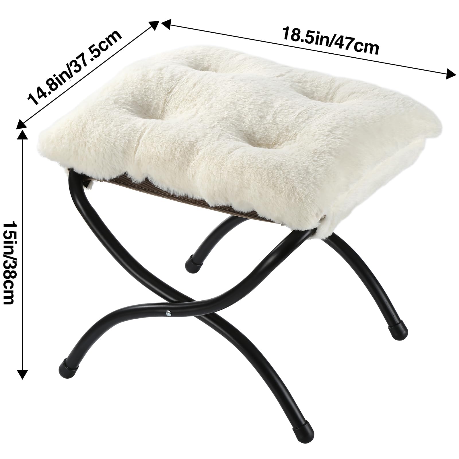 WELL-STRONG 15" Folding Foot stool, Small Accent Foot Rest, Faux Fur Elegant Foldable Ottoman with Metal Frame, Upholstered Morden Folding Footstool for Home Living Room Bedroom Washable Beige