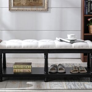 Kmax Storage Entryway Bench Tufted Shoe Rack Bench Black Wood Window Bench for Hallway Entrance Bedroom Corner, Beige