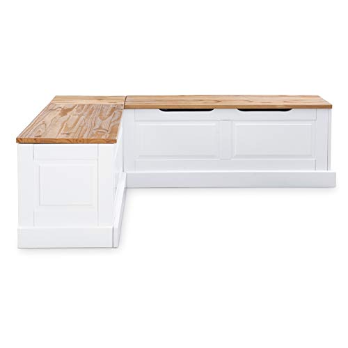 Riverbay Furniture 18" High Transitional Backless Wood Corner Kitchen Breakfast Nook Bench, with Hidden Storage, in White & Natural Finish