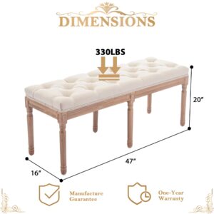 Bonzy Home Tufted Extra-Long Entryway Bench, 47” French Vintage Bedroom Benches Upholstered Dining Benches, Fabric End of Bed Bench for Bedroom Dining Room Living Room Entryway, Beige