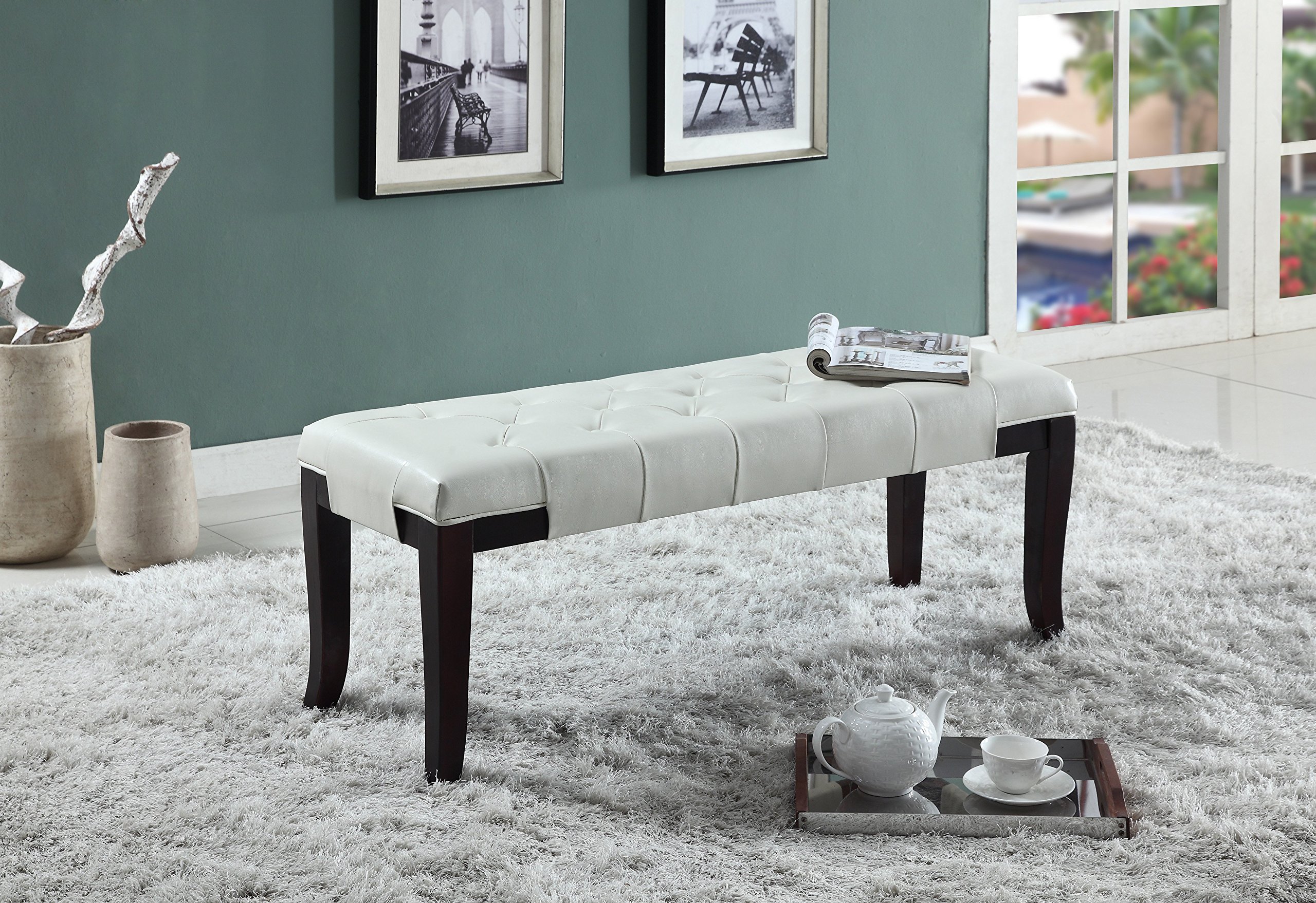 Roundhill Furniture Linon Faux Leather Tufted Bench, White