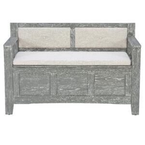 Linon Weathered Grey Carlton Storage Bench with Beige Upholstered Back and Cushioned Seat