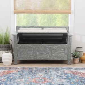 Linon Weathered Grey Carlton Storage Bench with Beige Upholstered Back and Cushioned Seat