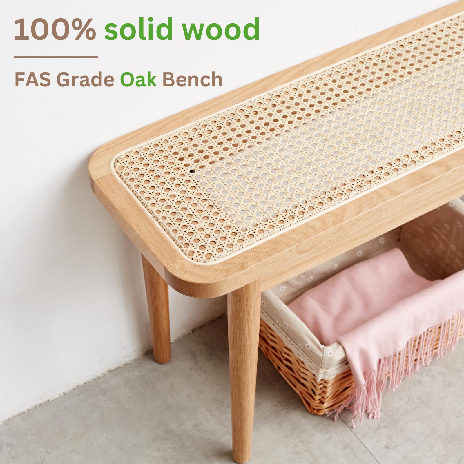 Hymus 100% Solid Oak Wood Bench - Rattan Woven Indoor Bench for Entryway, Dining Room, Bedroom - Premium Quality (Natural, 31.49 inch)