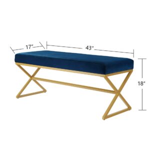 24KF Velvet Upholstered Entryway Bench with Metal Leg, Padded Bedroom Bench Seat cushion with Golden Metal X-Legs -Navy