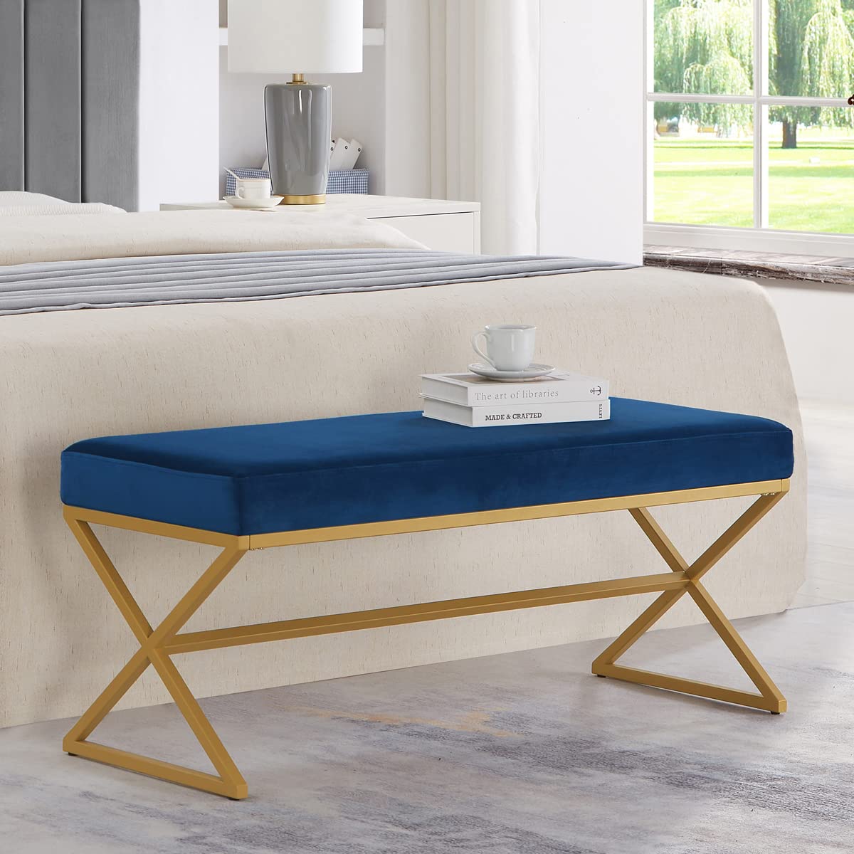 24KF Velvet Upholstered Entryway Bench with Metal Leg, Padded Bedroom Bench Seat cushion with Golden Metal X-Legs -Navy