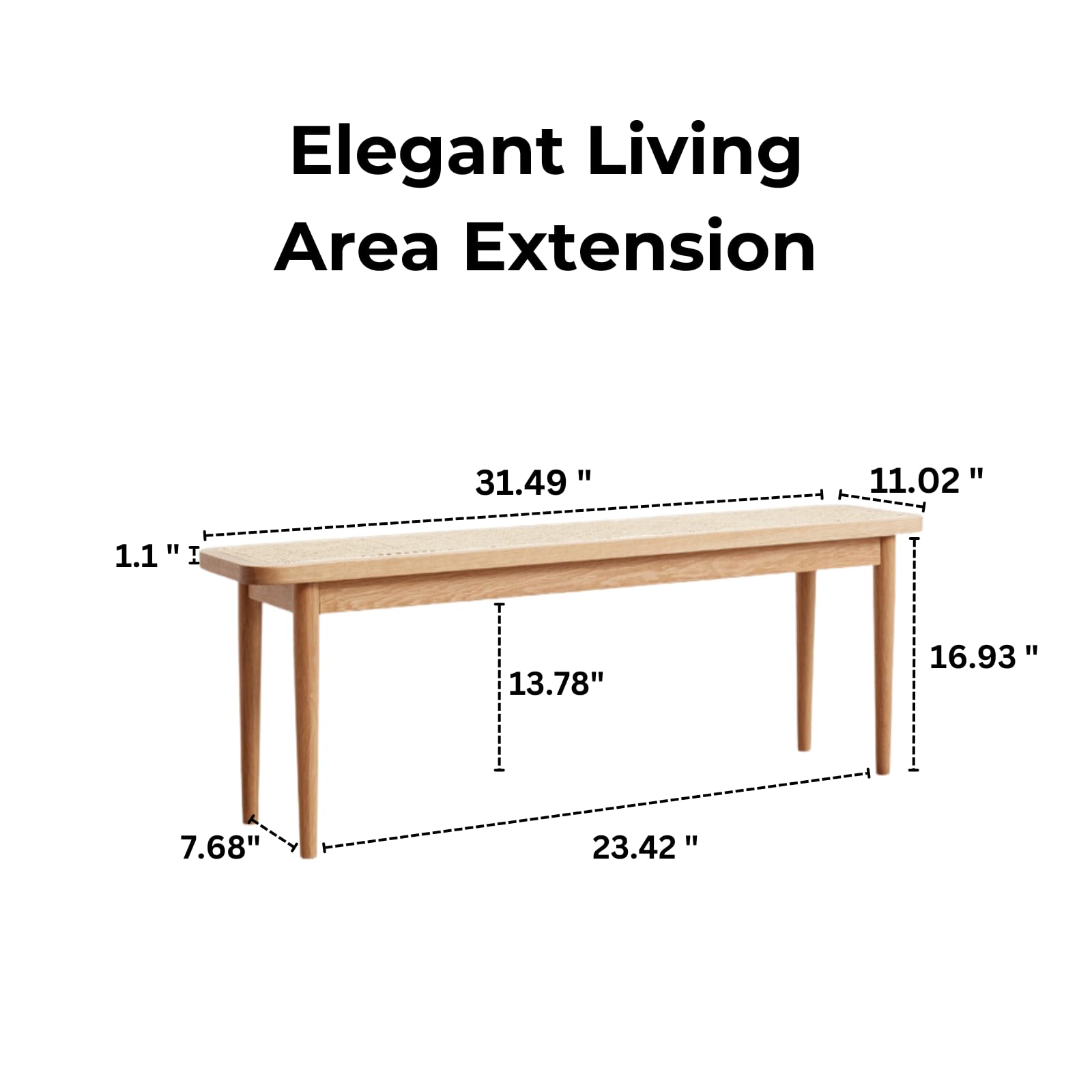 Hymus 100% Solid Oak Wood Bench - Rattan Woven Indoor Bench for Entryway, Dining Room, Bedroom - Premium Quality (Natural, 31.49 inch)