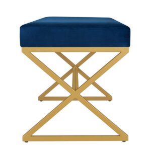 24KF Velvet Upholstered Entryway Bench with Metal Leg, Padded Bedroom Bench Seat cushion with Golden Metal X-Legs -Navy