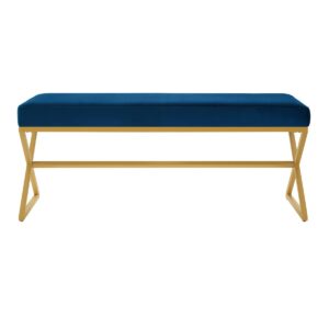 24KF Velvet Upholstered Entryway Bench with Metal Leg, Padded Bedroom Bench Seat cushion with Golden Metal X-Legs -Navy