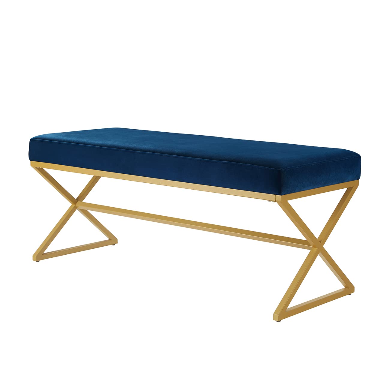 24KF Velvet Upholstered Entryway Bench with Metal Leg, Padded Bedroom Bench Seat cushion with Golden Metal X-Legs -Navy