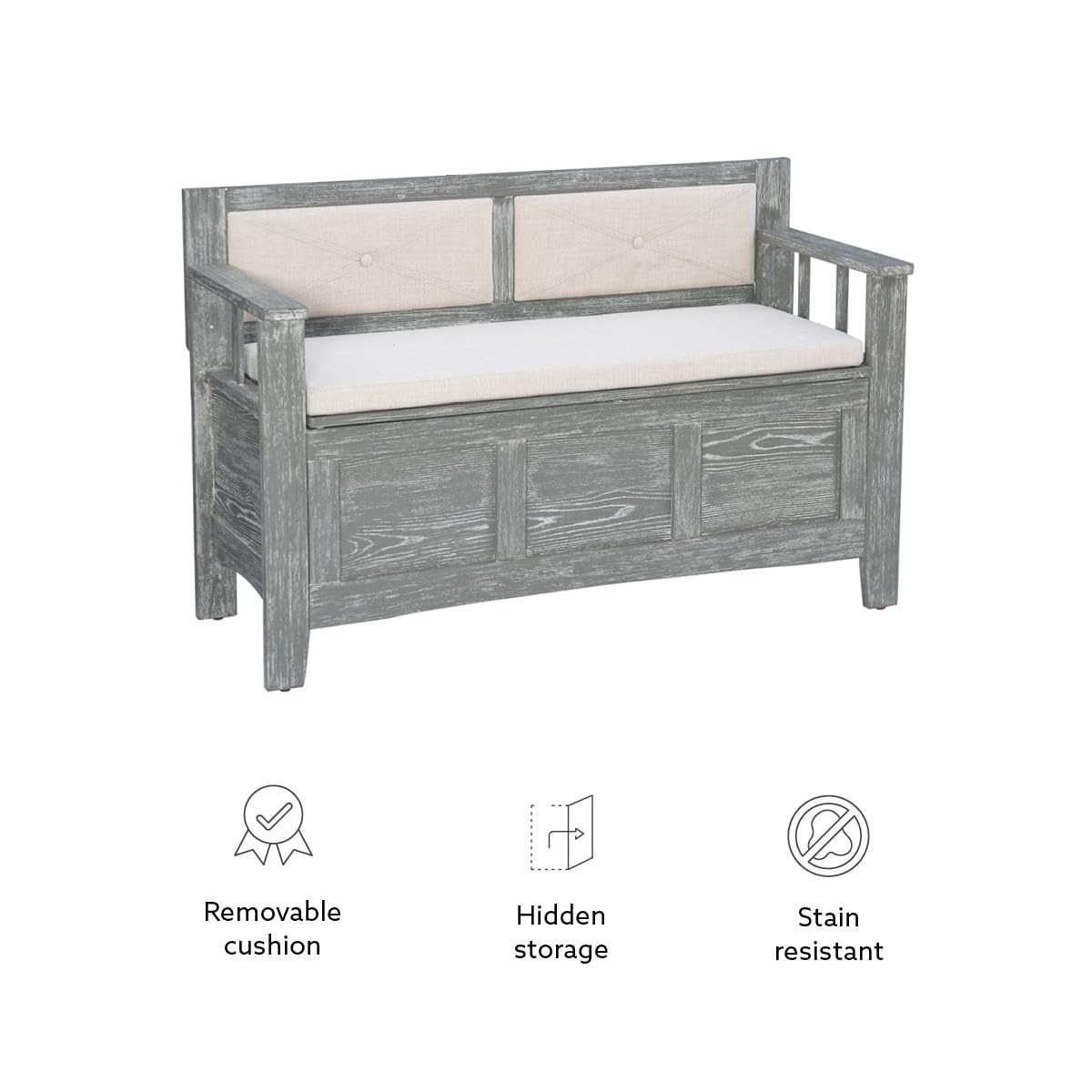 Linon Weathered Grey Carlton Storage Bench with Beige Upholstered Back and Cushioned Seat