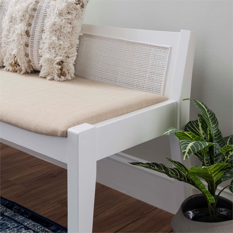 Linon Memphis Wood Cane Bench with Padded Seat in White