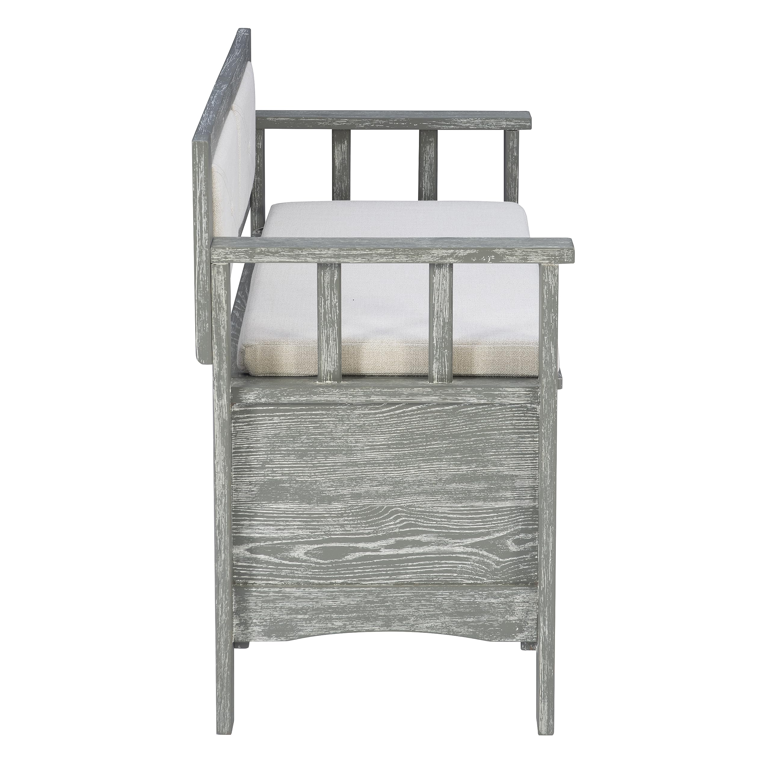 Linon Weathered Grey Carlton Storage Bench with Beige Upholstered Back and Cushioned Seat