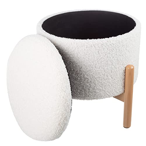 Lavish Home Storage Ottoman - Round Sherpa Footrest or Storage Organizer with Removable Top for Living Room, Dorm, or Apartment (White)