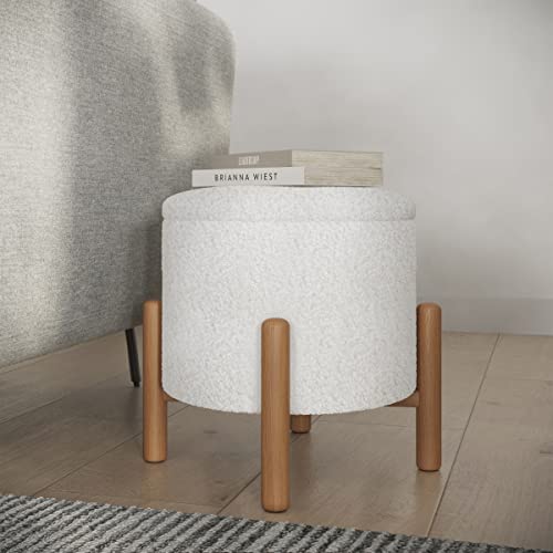 Lavish Home Storage Ottoman - Round Sherpa Footrest or Storage Organizer with Removable Top for Living Room, Dorm, or Apartment (White)