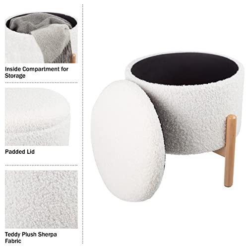 Lavish Home Storage Ottoman - Round Sherpa Footrest or Storage Organizer with Removable Top for Living Room, Dorm, or Apartment (White)