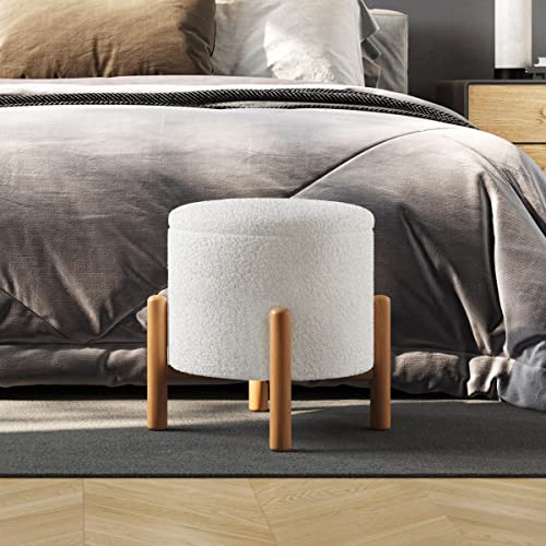 Lavish Home Storage Ottoman - Round Sherpa Footrest or Storage Organizer with Removable Top for Living Room, Dorm, or Apartment (White)