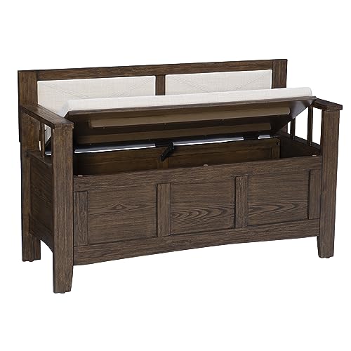 Linon Umber Brown Carlton Rustic Storage Bench with Beige Upholstered Back and Cushioned Seat