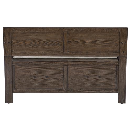 Linon Umber Brown Carlton Rustic Storage Bench with Beige Upholstered Back and Cushioned Seat