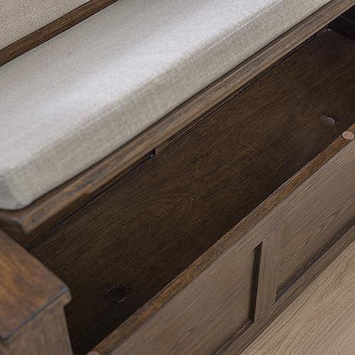 Linon Umber Brown Carlton Rustic Storage Bench with Beige Upholstered Back and Cushioned Seat