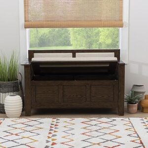 Linon Umber Brown Carlton Rustic Storage Bench with Beige Upholstered Back and Cushioned Seat