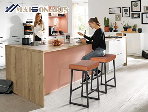 MAISON ARTS Brown Bar Stools Set of 2 Counter Height 24 Inches Saddle Stools for Kitchen Counter Backless Modern Barstools Upholstered Faux Leather Stools Farmhouse Island Chairs, Brown, 2pcs