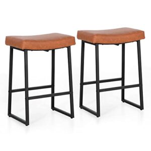 MAISON ARTS Brown Bar Stools Set of 2 Counter Height 24 Inches Saddle Stools for Kitchen Counter Backless Modern Barstools Upholstered Faux Leather Stools Farmhouse Island Chairs, Brown, 2pcs