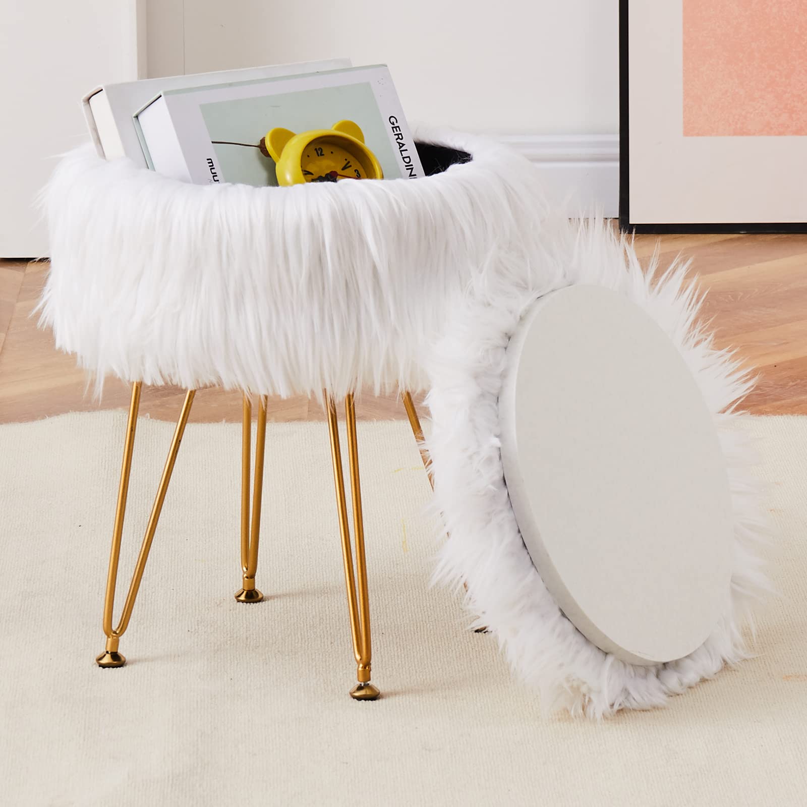 Mxfurhawa Faux Fur Storage Ottoman Round Furry Vanity Stool Marble Grain Tray Coffee Table Compact Footrest Stool with 4 Metal Legs Soft Makeup Seat Foot Stools for Living Room Bedroom Entryway White